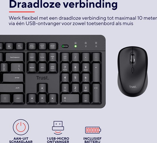 Zwarte Trust toetsenbord en muis, met "Draadloze verbinding" tekst. De muis en het toetsenbord worden met één USB-ontvanger verbonden.