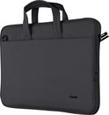 Zwarte laptoptas met handvatten, een afneembare schouderband en een rPET-label.