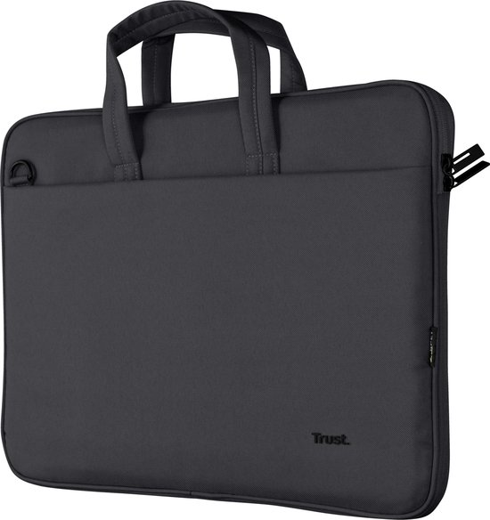 Zwarte laptoptas met handvatten, een afneembare schouderband en een rPET-label.