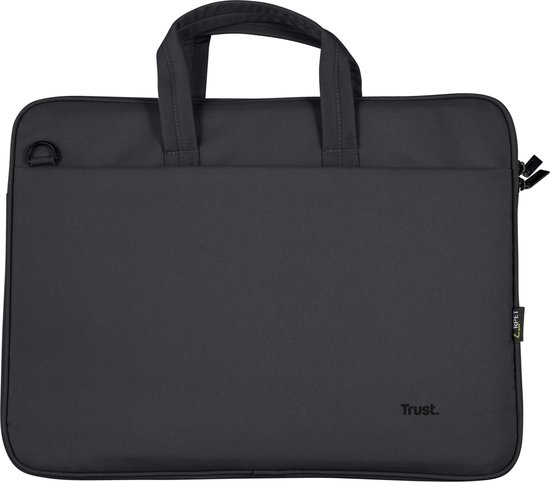 Zwarte laptoptas met handvatten en een rPET-label. Het Trust-logo is op de voorkant gedrukt.