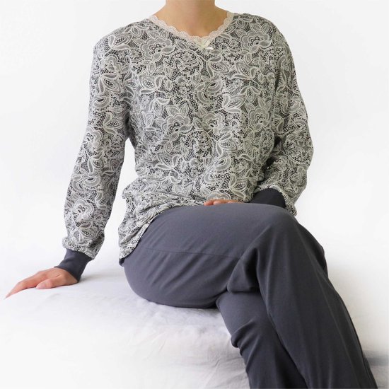 Medaillon Dames Pyjama - Katoen - Geprint Dessin - Grijs - Maat L