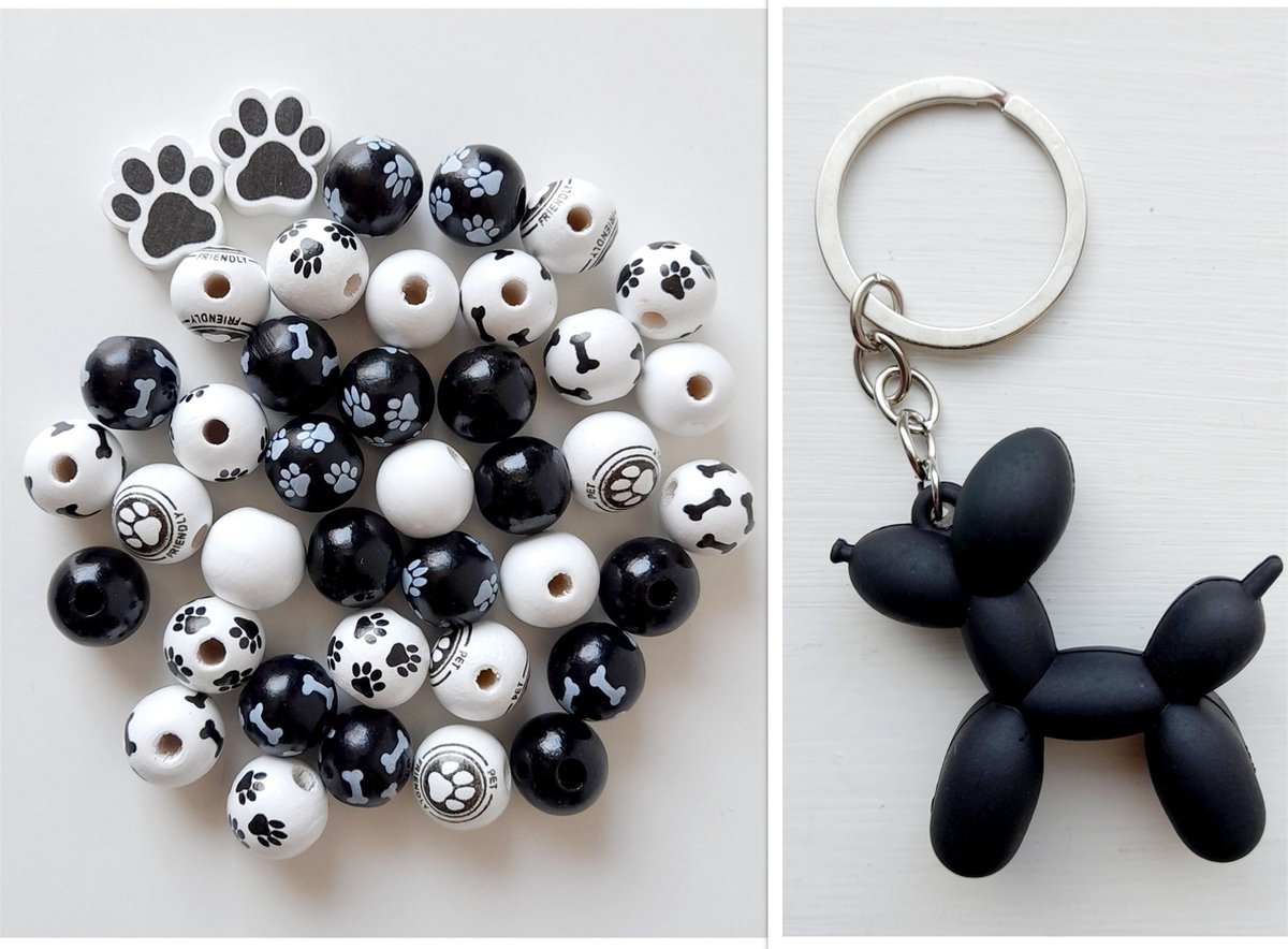 Houten kralen hondje sleutelhanger ballonhondje zwart wit kraal 15 mm hond botje pootje