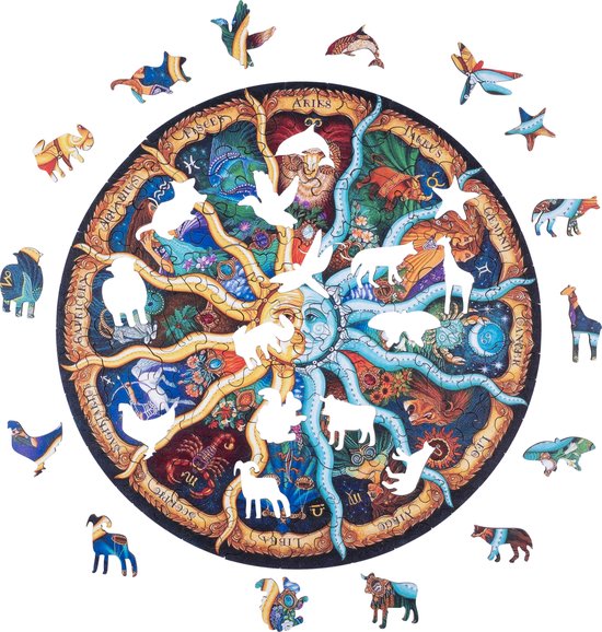 Gouden cirkelvormige puzzel met dierenriemtekens, planeten en een maan. Losse, kleurrijke dierenpuzzelstukjes eromheen.