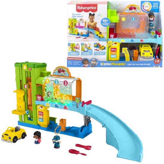 Emballage du garage Fisher-Price Little People avec voiture jouet, figurines et images du garage.