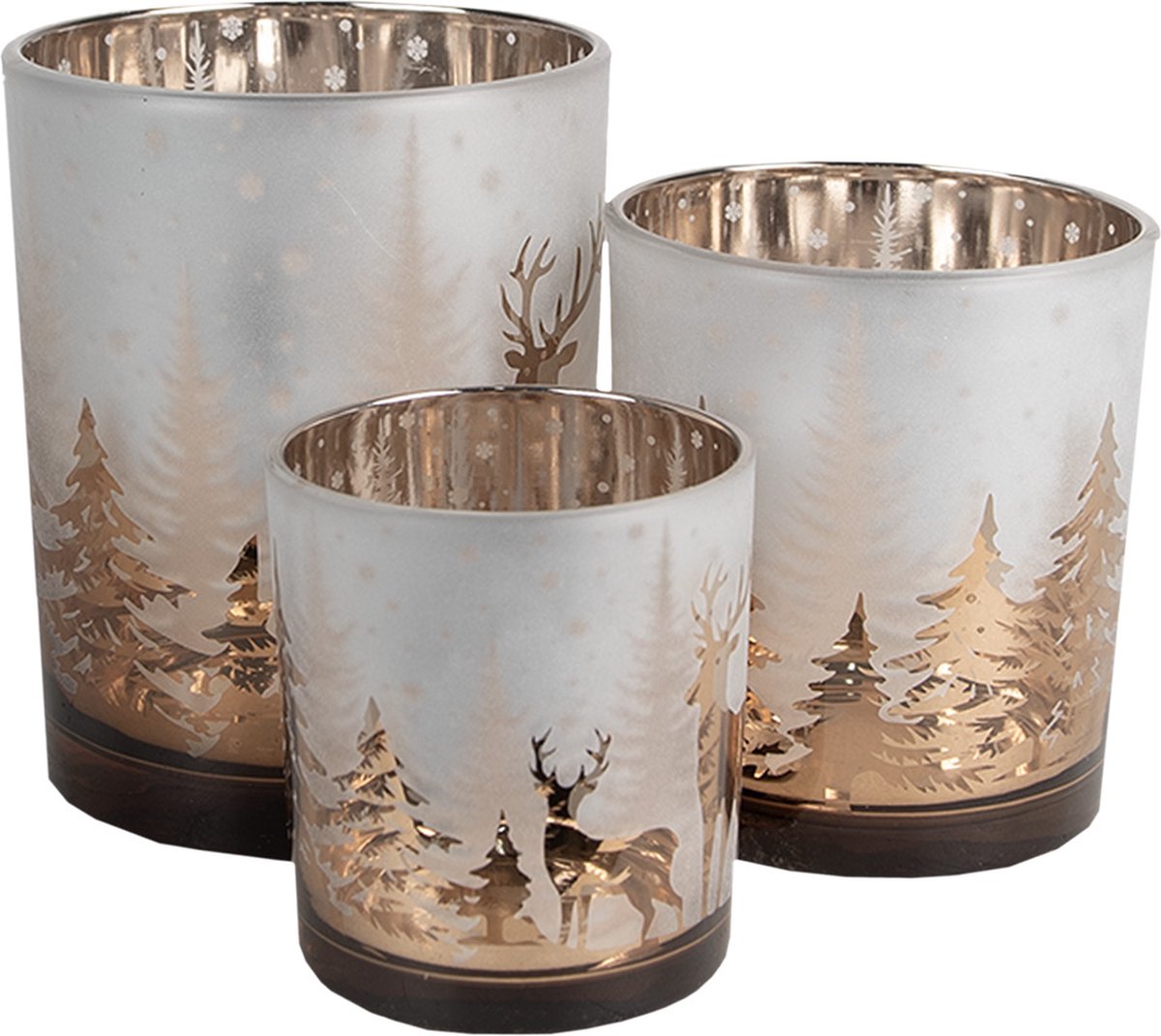 Clayre & Eef Theelichthouder Set van 3 Wit Goudkleurig Glas Hert