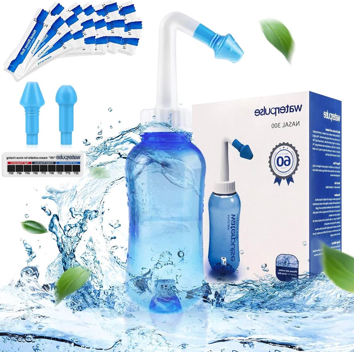 Neti Pot Sinus Spoelen 300 ml Kit voor Volwassenen en Kinderen BPA Vrij 60 Zoutpakketten Met Thermometer Sticker