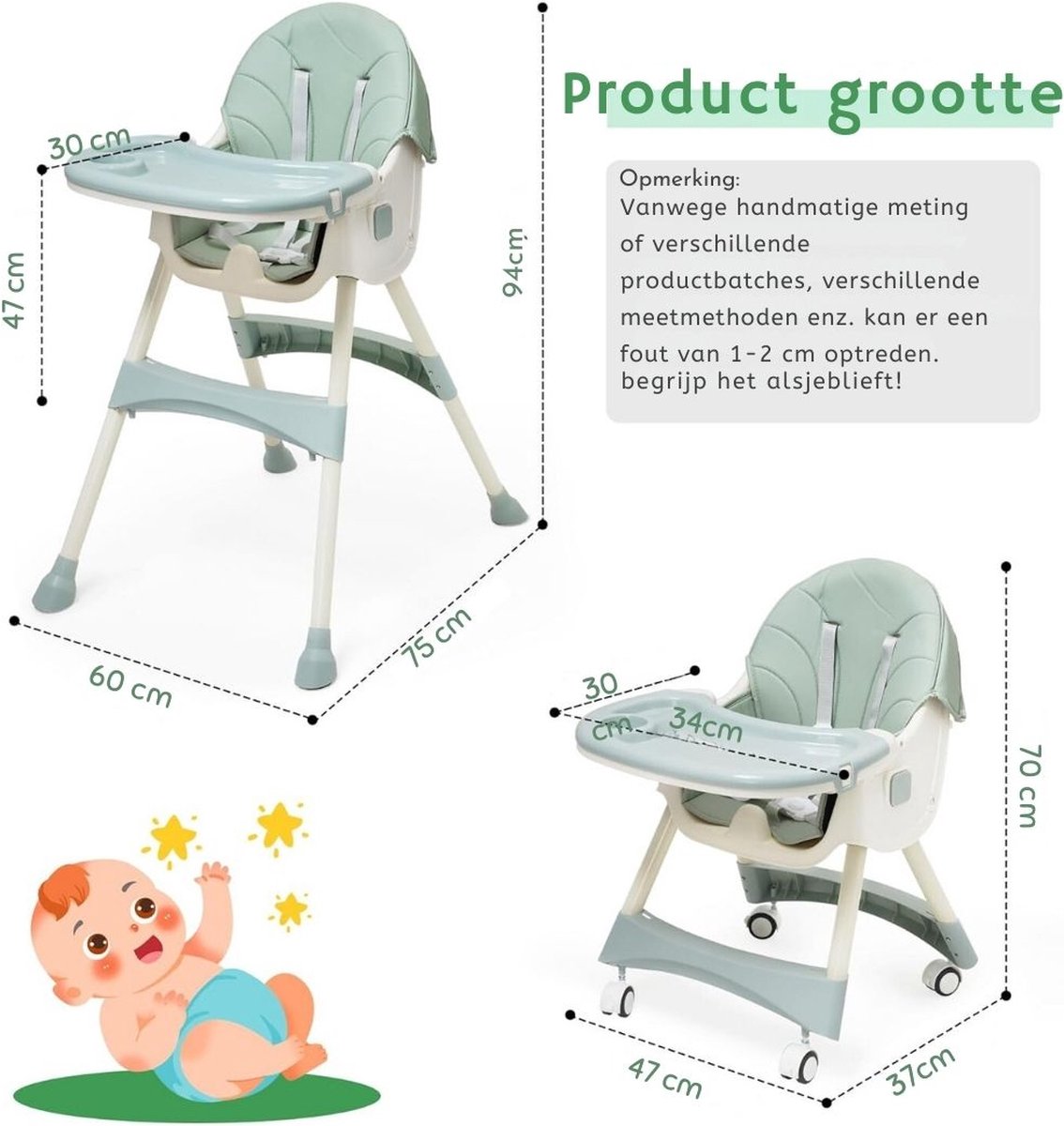 Kinder Eetstoel – 3-in-1 Babystoel Voor Aan Tafel Met Dienblad - Baby Stoel Voor Eten Met Wieltjes - Meegroei Kinderstoel - Baby stoeltje Zitten - Meegroeistoel Met Ligfunctie - Kindereetstoel thumbnail 3