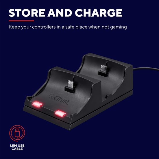 Zwarte laaddock voor twee controllers met USB-kabel. Twee rode oplaadindicatoren branden.
