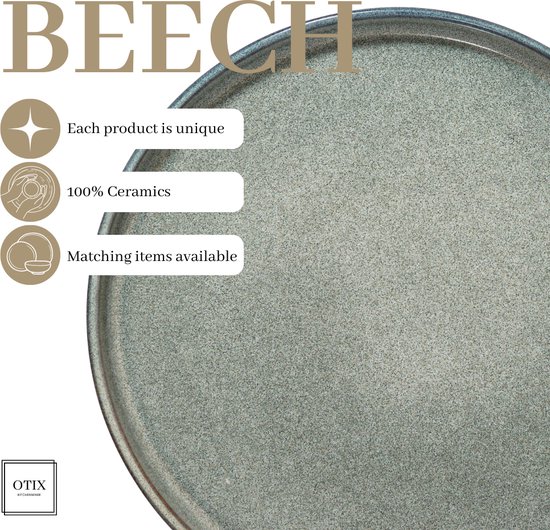 Grote close-up van een grijs, gespikkeld aardewerken bord met de tekst BEECH, 'Each product is unique', '100% Ceramics' en 'Matching items available'.