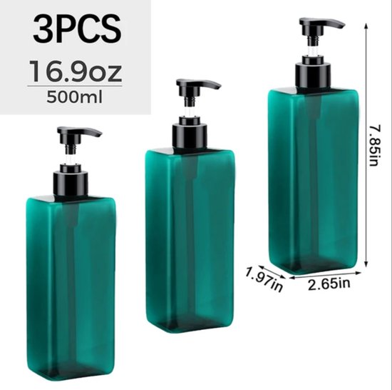 Set de 3 Flacons Pompe, 500 ML, distributeur de savon en plastique Couleur Turquoise, flacon de shampoing rechargeable.