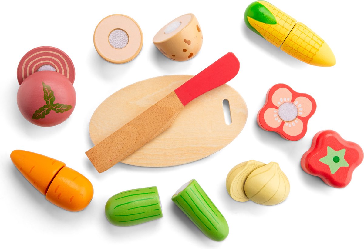 New Classic Toys® Houten Snijset Groente in Opbergdoos - Speelset met Snijplank, Wortel, Paprika, Komkommer - Educatief Speelgoedeten - Rollenspel Keukenspeelgoed - Vanaf 24 Maanden — afbeelding 3