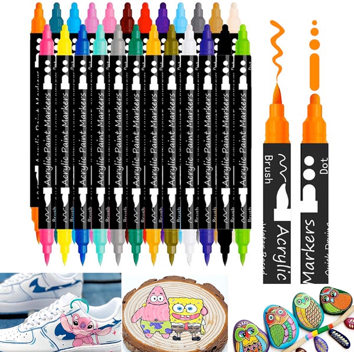 Acryl Marker Verfstiften-24 Kleuren-Acrylic Verf Pennen Dual met dubbele penpunt-Acrylic Verf Markers- Met FijneTip Ronde Tip Voor Rock Schilderen Canvas Glas Keramiek Hout DIY Ambachten Kleurplaten Decoreren