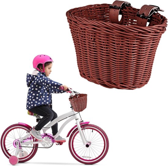 Neprotan Voorste Fietsmand – Handgevlochten PP, Met PU Riemen, 18,5x18,5 Cm, Bruin/Abrikoos – Voor Scooters, Kinderfietsen En Kamperen