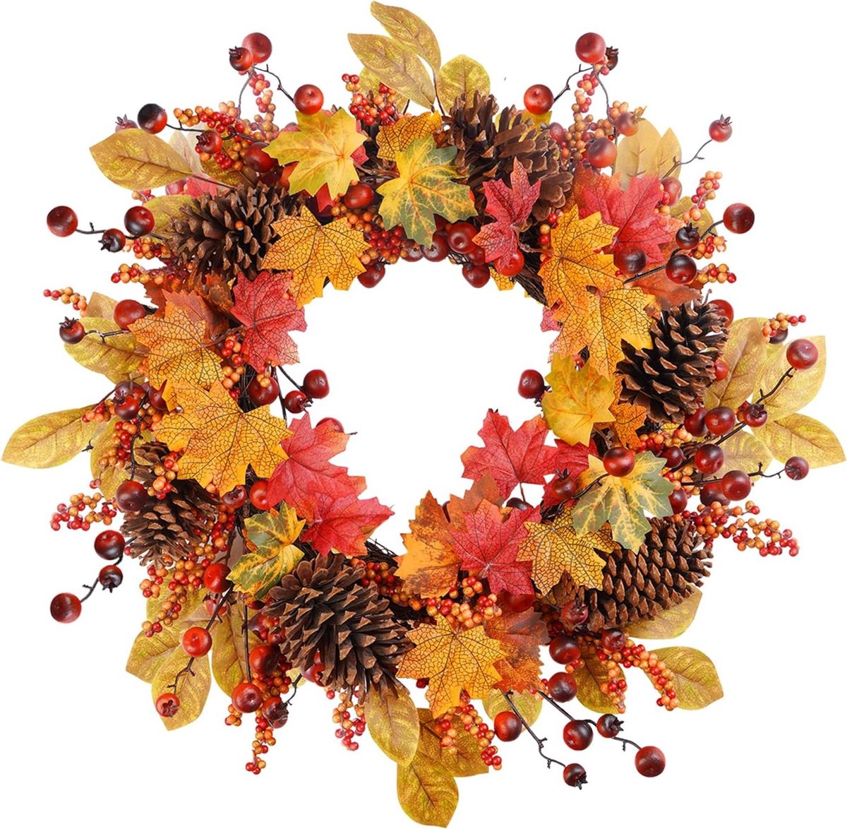 WEIGE Kunstmatige herfstkrans van 60 cm, herfstkransen voor de voordeur buiten met esdoornblad en bessen, Halloween Pasen Thanksgiving krans voor de voordeur (met 38 cm gedachtehaak