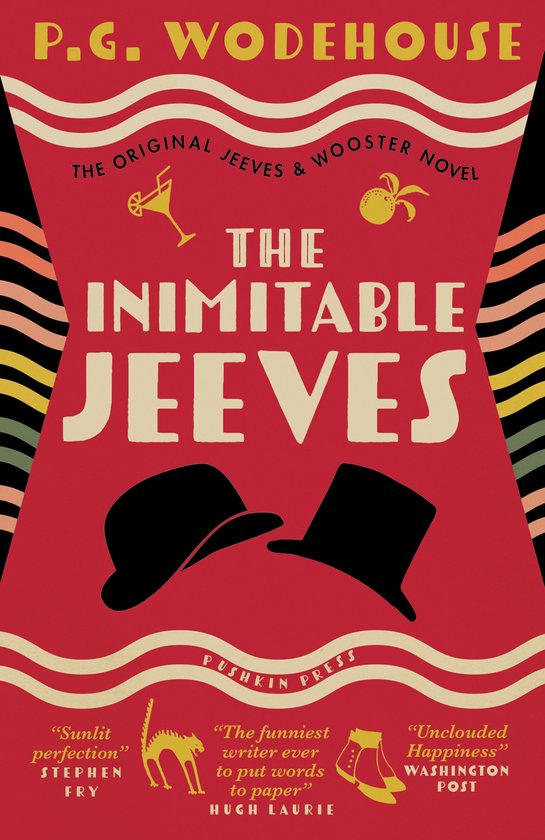 Boekomslag voor 'The Inimitable Jeeves' van P.G. Wodehouse, met rode achtergrond, zwarte hoeden en citaten.