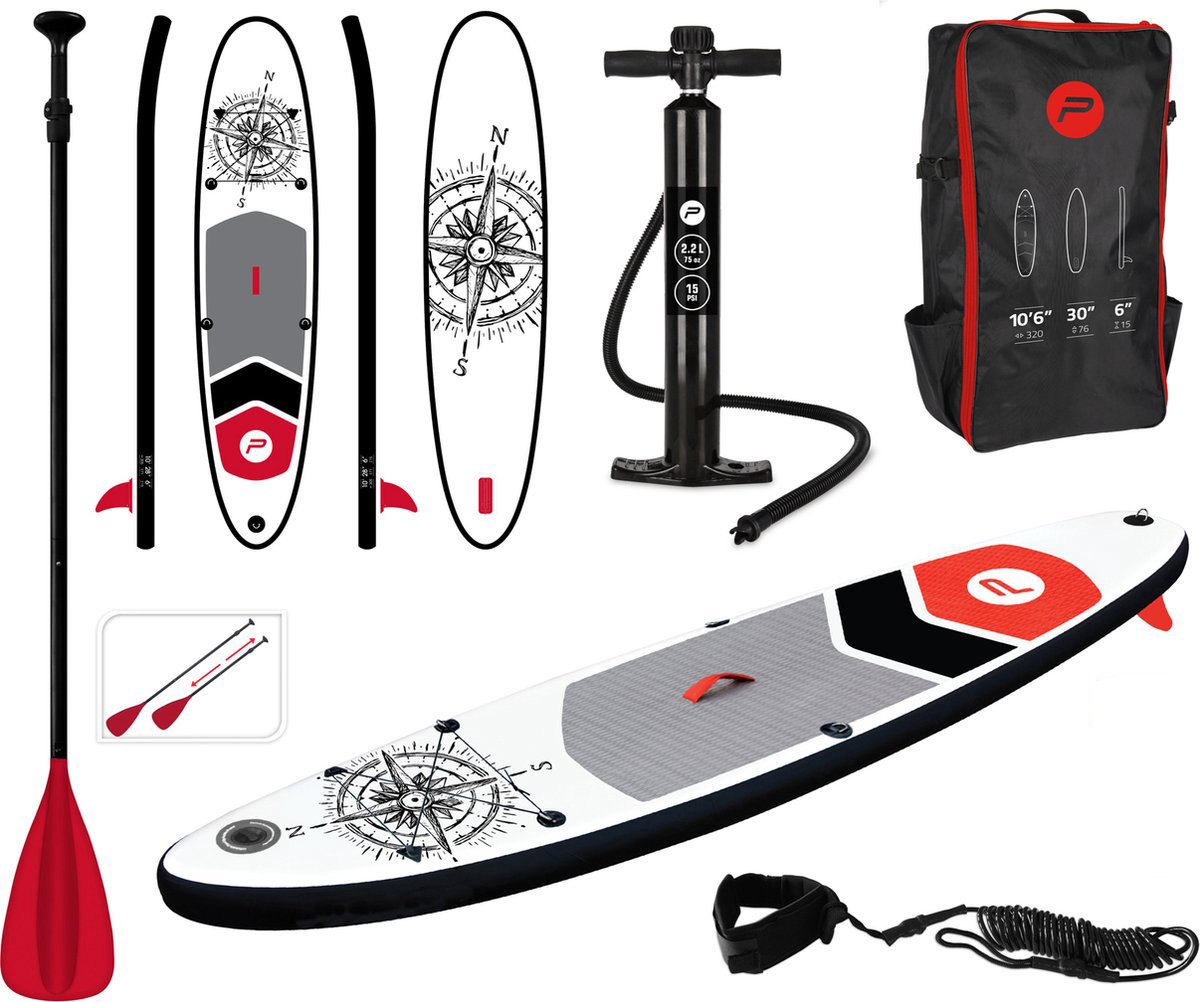 Pure4Fun SUP Board - Opblaasbaar Paddle Board - Complete Set - Met Pomp / Draagtas / Verstelbare Peddel / Enkelkoord / Reparatiekit - Max. 150KG - 305x71cm - Kompas