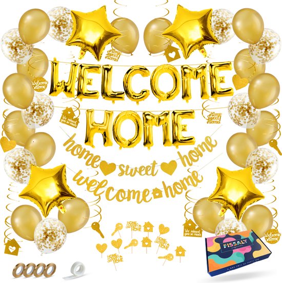 Foto: Fissaly welkom thuis gouden versiering welcome home decoratie suprise party inclusief ballonnen slingers vlaggenlijn caketoppers accessoires