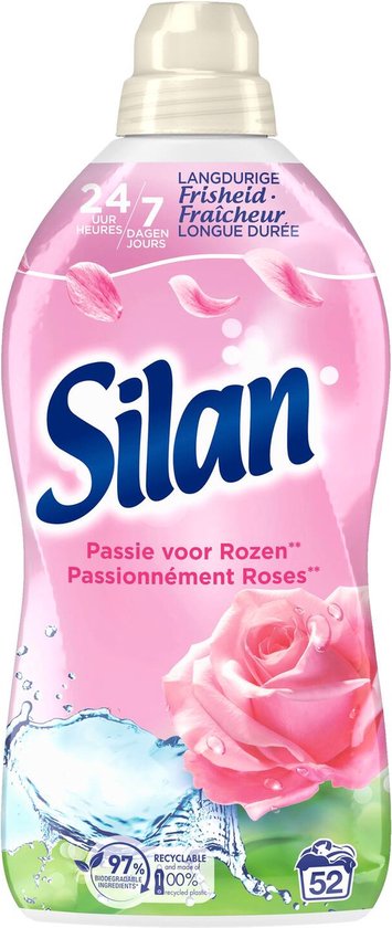 Adoucissant Silan, bouteille avec liquide rose, rose et gouttelettes d'eau. Passion Rose.