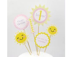 Sunshine Taart Topper - 6-delig - Happy Birthday - 1 Jaar - Zon - Vrolijk - Geel - Roze - Taart Versiering - Verjaardag Versiering - Taart Decoratie - Kinderfeestje - Toppers - Taarttopper - Cake Topper - Voor Jongens en Meisjes