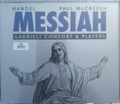 CD-hoes met een gravure van Jezus met uitgestrekte armen, met de tekst "Handel Messiah Gabrieli Consort & Players".