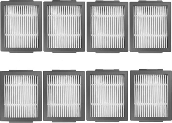 Acht Bramokava® HEPA-filters gerangschikt in twee rijen van vier.