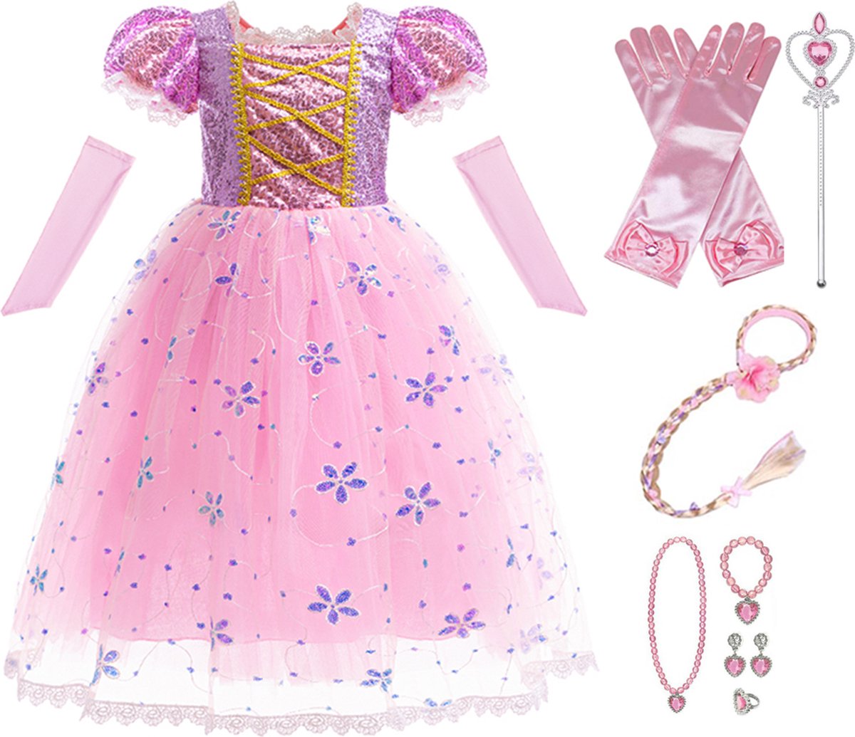 Lunja prinsessenjurk meisje - verkleedjurken meisjes - maat 134/140 - verkleedkleren kind - prinsessen verkleedkleding - haarband met blonde vlecht - handschoenen - toverstaf - roze