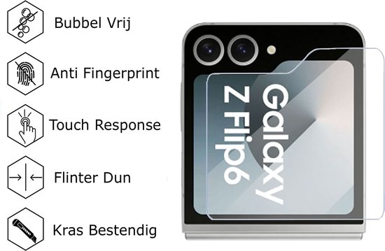 Opengeklapte zilverkleurige Samsung Galaxy Z Flip6 met transparante screenprotector en pictogrammen voor 'Bubbel Vrij', 'Anti Fingerprint', 'Touch Response', 'Flinkter Dun', 'Kras Bestendig'.