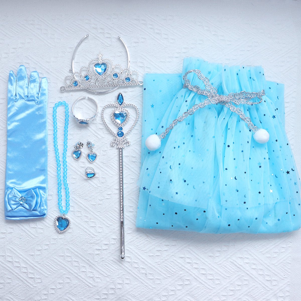 Joya Kids® Verkleedcape met Accessoires Licht Blauw | Prinsessencape | Cape Set | Unicorn | Meisje Verkleedset | Carnvalskleding Meisjes | Met Kroon, Staf, Handschoenen en Sieradenset — afbeelding 17