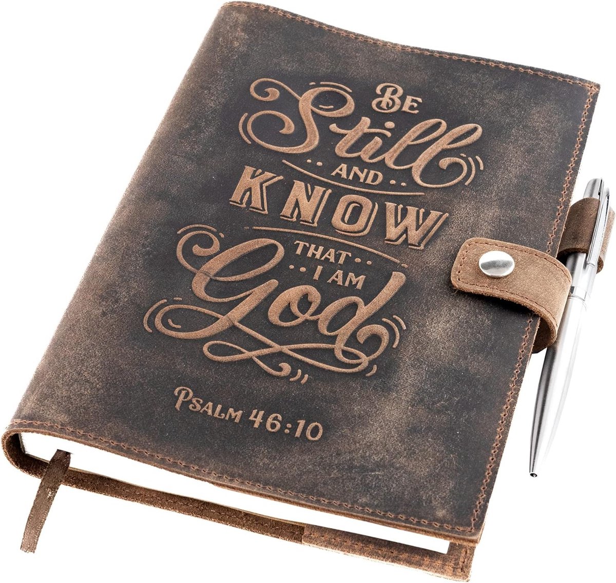 Leren Dagboek - Gelinieerd Notitieboek - Reisdagboek met Psalm 46:10 in Reliëf - Vintage Handgemaakt Leren Notitieboek met 320 Pagina's Gefreesd Gelinieerd A5-Papier en Pen van MOONSTER®
