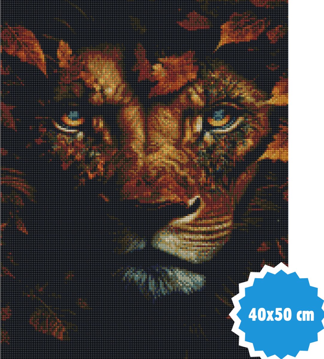 F4B Diamond Painting Leeuwen Portret met Bloemen – 40x50 cm – Vierkante Steentjes — afbeelding 2