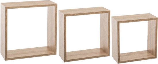 Set van drie vierkante, eikenhouten wandplanken in verschillende maten.