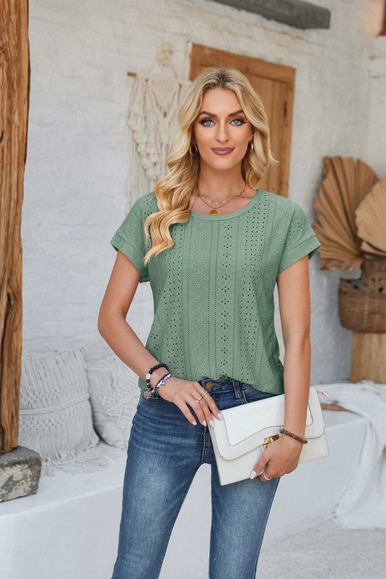 ASTRADAVI Damesmode - Top - Mooie Uitgeholde Jacquard Shirt - Licht Groen / Small