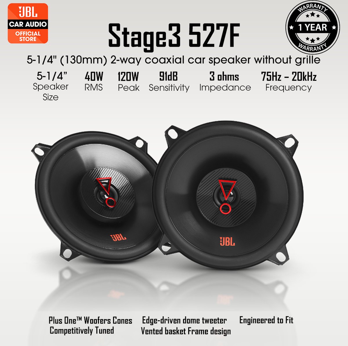 JBL Stage3 527F - Autospeakers - 5.25” Inch (130 mm) - 2-Weg Coaxiaal - 200 Watt- 2 Stuks - Zonder G – foto 4