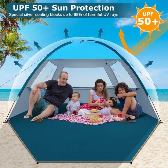 Tente De Plage Pour 5-6 Personnes – Anti-UV 50+, Légère 1,9 Kg, Facile à Monter Avec Piquets Et Haubans