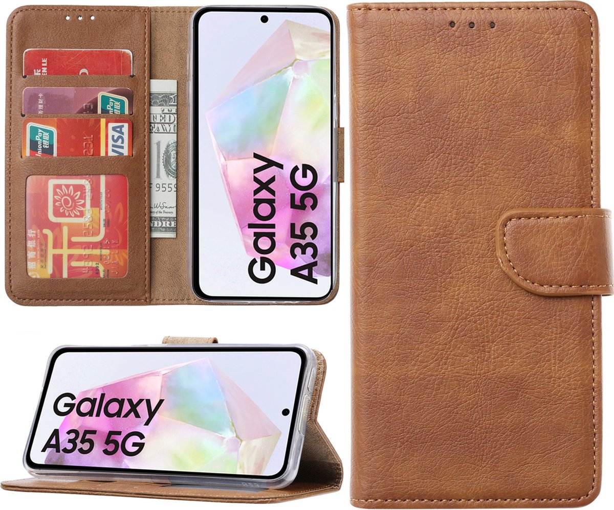 Hoesje geschikt voor Samsung Galaxy A35 bookcase met pasjeshouder - Bruin