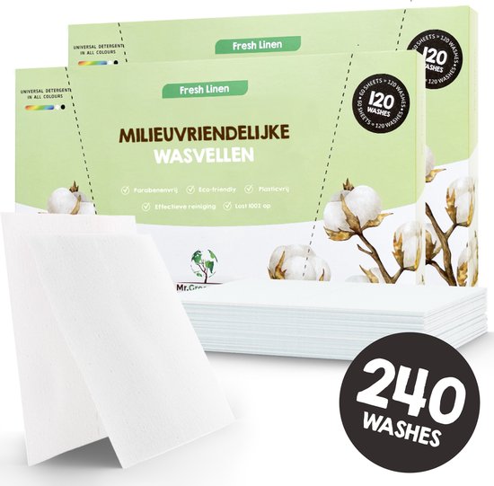 Mr. Green Mind Wasstrips ECO 240 Wasbeurten Fresh Linen Wasmiddel Milieuvriendelijke Wasstrips Wasmiddel Voordeelverpakking incl. wasverzachter