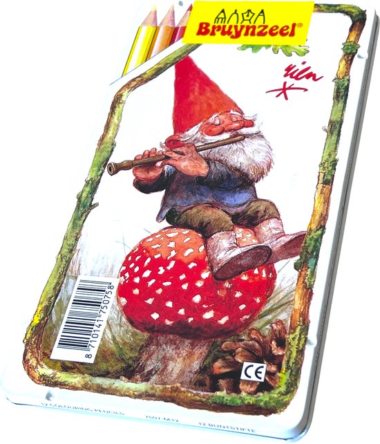 Kleurpotlodenblik Bruynzeel met een kabouter die op een rode paddenstoel zit en fluit speelt.