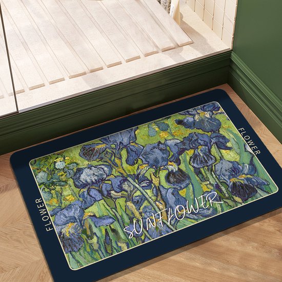 Badmat met schilderij van blauwe irissen op groene achtergrond. "SUNFLOWER" en "FLOWER" teksten.