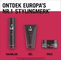 Zwarte flacons met Taft Power haarspray, gel en wax. Tekst 'Ontdek Europa's nr.1 stylingmerk'.