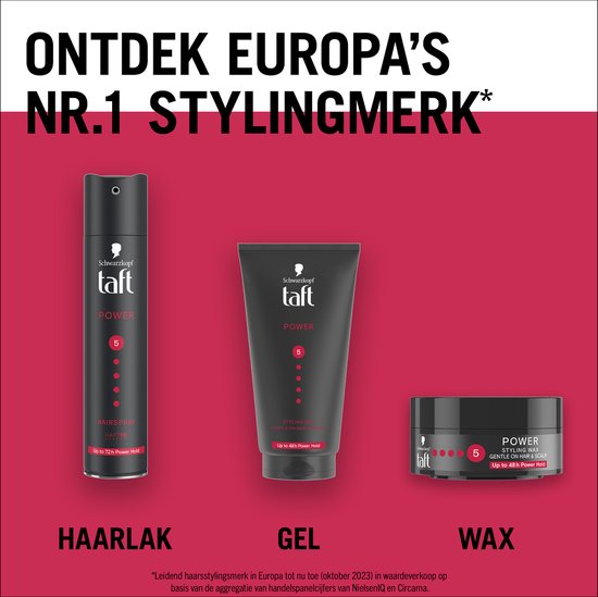 Zwarte flacons met Taft Power haarspray, gel en wax. Tekst 'Ontdek Europa's nr.1 stylingmerk'.
