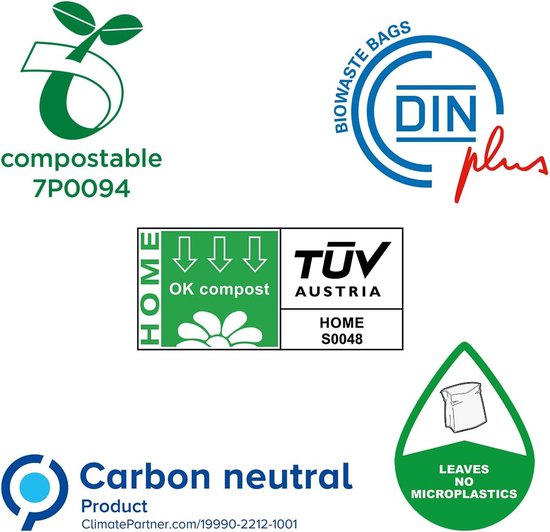 Verschillende composteerbare en koolstofneutrale logo's.