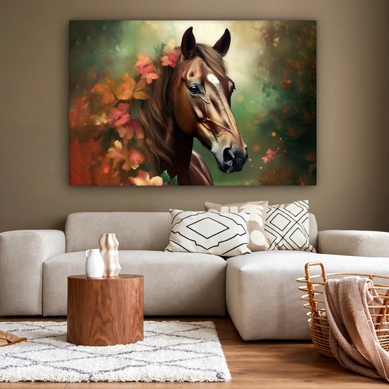 Canvas schilderij 180x120 cm - Wanddecoratie kinderkamer Paard - Bloemen - Natuur - Dieren - Bos - Oranje - Muurdecoratie babykamer - Kamer decoratie voor jongens en meisjes - Baby accessoires - Schilderijen
