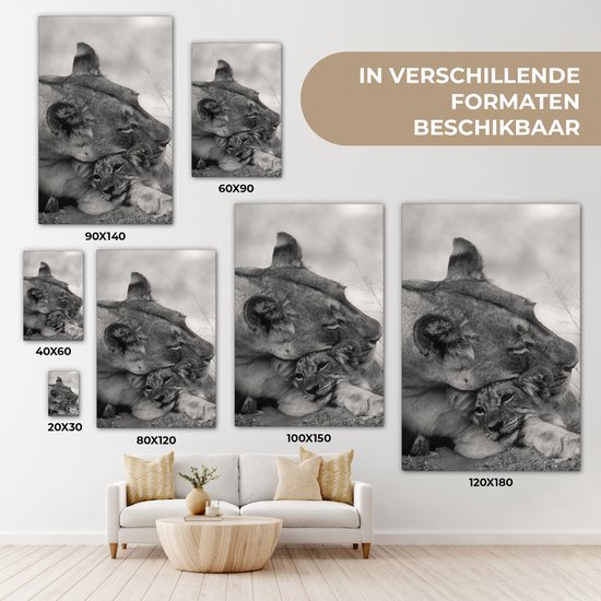 Tableau sur toile Lionne - Lionceau - Zwart - 60x90 cm - Décoration murale