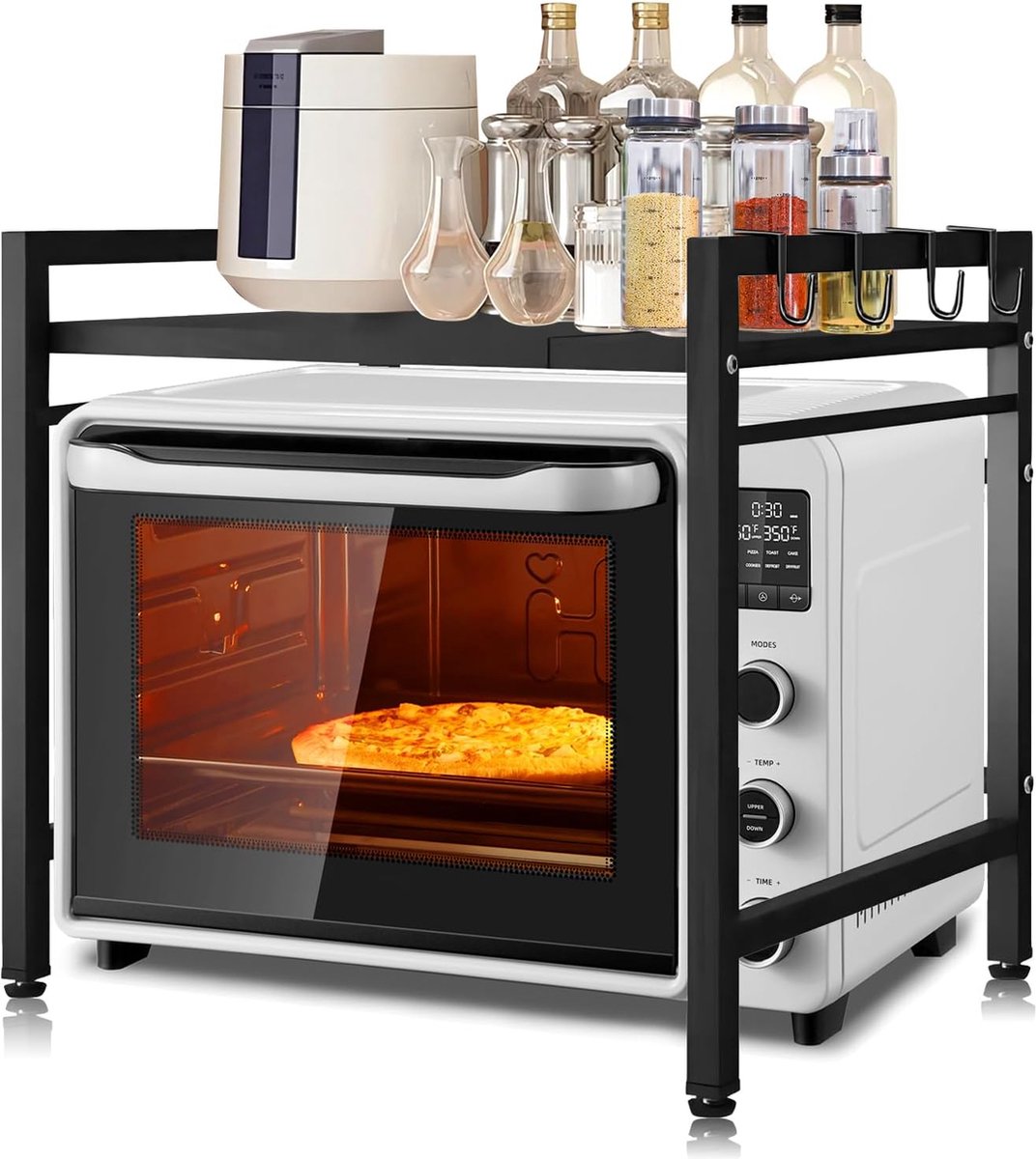 2-laags uitbreidbaar magnetronrek, magnetronplankorganisator keuken met 6 haken, flexibel uitschuifbaar van 40-64 cm, gelaagd keukenrek, keukenorganizer, zwart