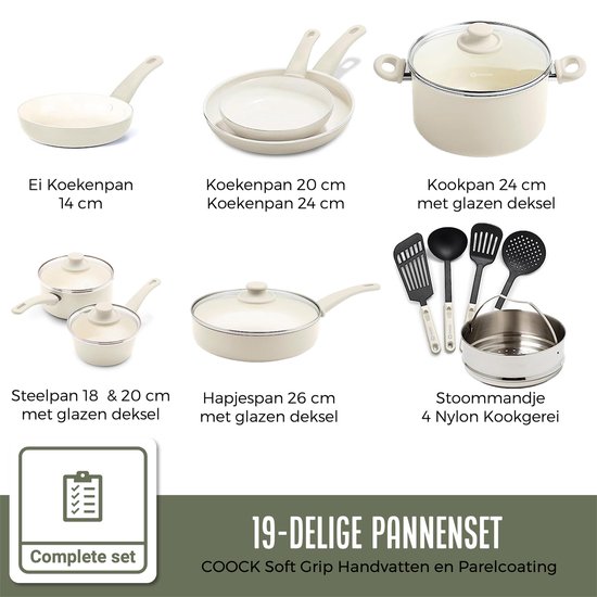 Overzicht van een 19-delige pannenset in het wit met verschillende pannen en kookgerei.