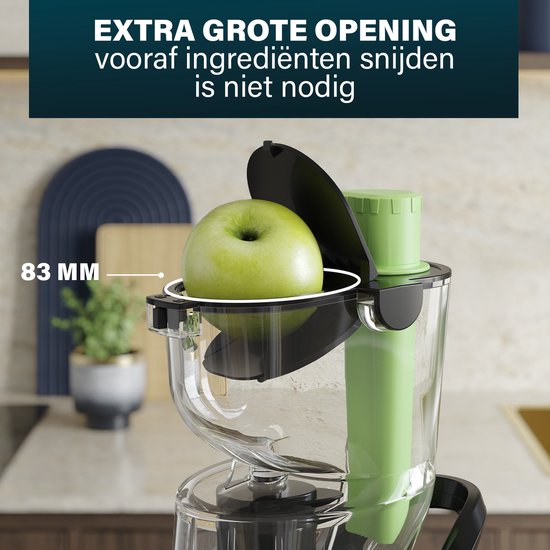 Princess slowjuicer met extra grote opening van 83 mm voor een appel.