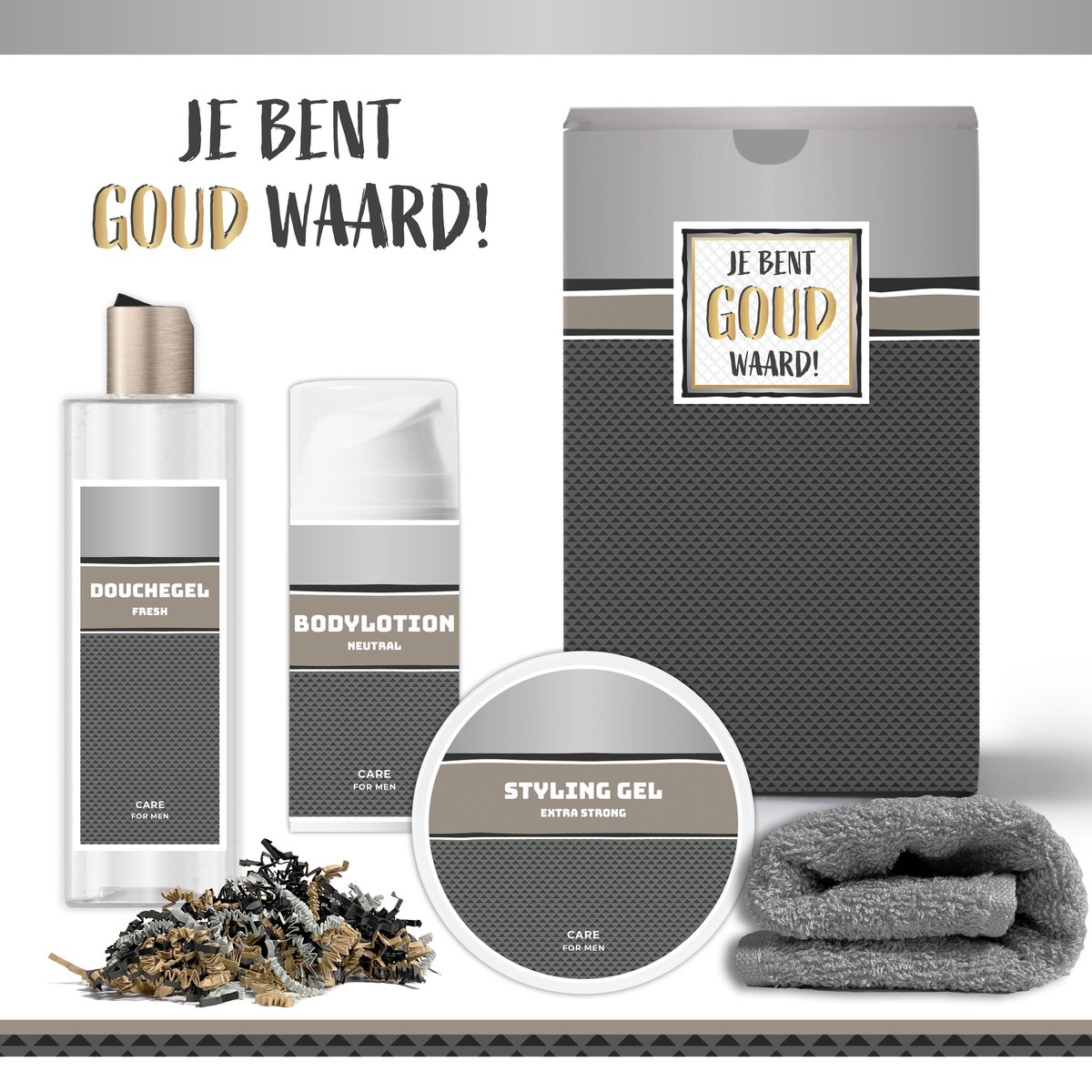 Goedkoopste Geschenkset Je Bent Goud Waard! - 4 Producten - 600 Gram | Giftset voor hem - Luxe cadeaubox man - Douchegel - Bodylotion - Styling Gel - Vaderdag - Verjaardag - Wellness - Pakket - Cadeau set - Vader - Broer - Vriend - Collega - Antraciet - Zilver