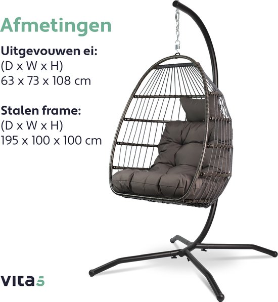 Vita5 Egg Hangstoel – Binnen en Buiten – Cocoon Stoel - met Standaard - tot 150kg – Opvouwbaar - Incl. Kussen en Waterdichte Beschermhoes – Donkerbruin