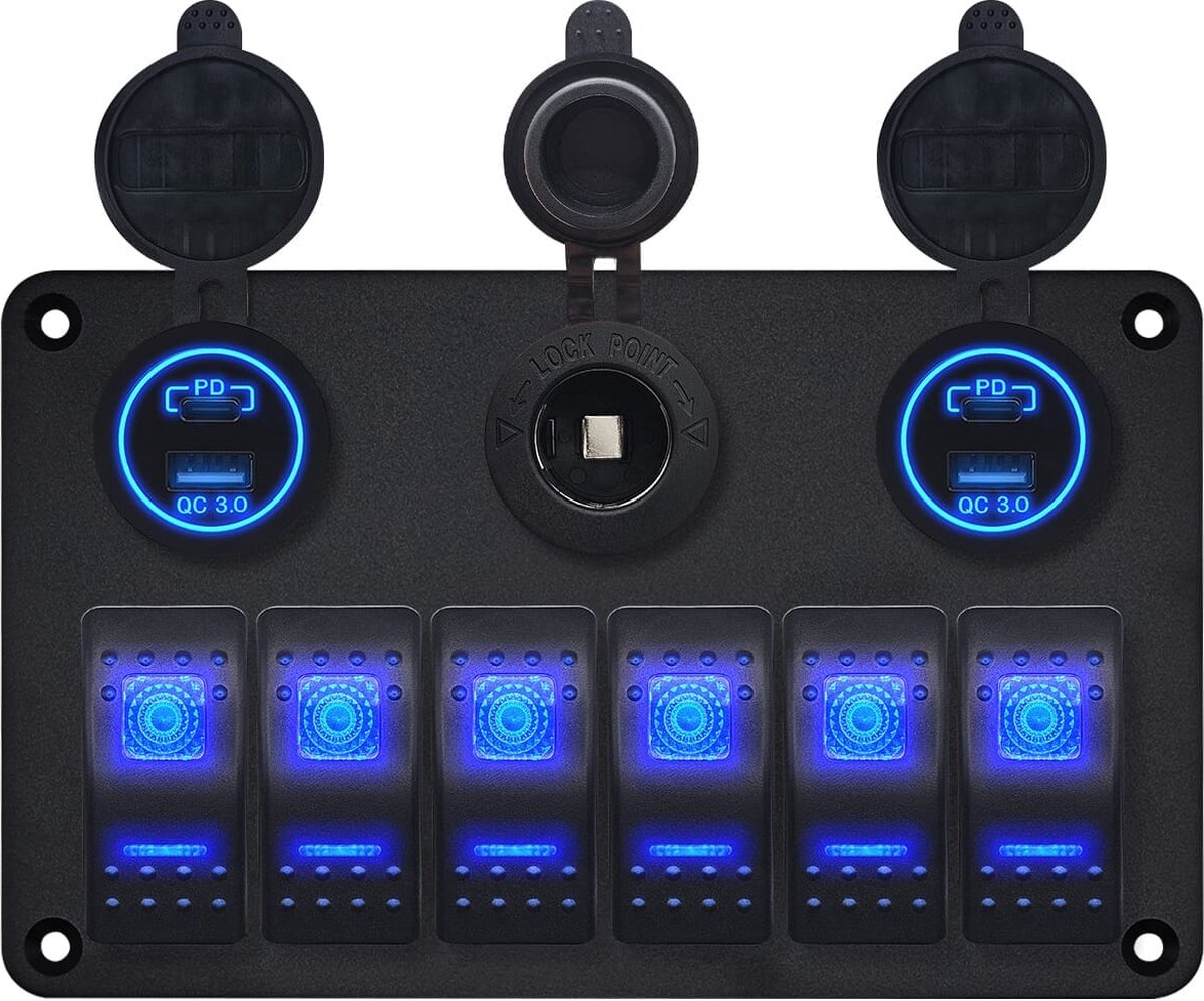 ProRide Schakelpaneel 12V voor Auto/Boot - USB/USB C Stopcontact 4 Poorten - QC3.0 - 6 schakelaars + 12V/24V stopcontact - Blauw