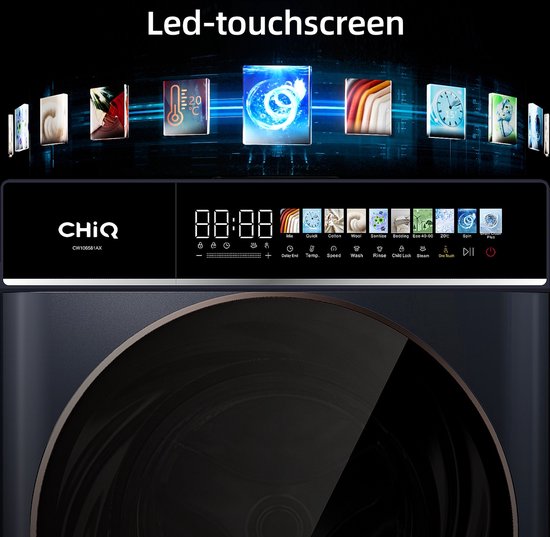 Gros plan de l'écran tactile LED de la machine à laver, affichant divers programmes et réglages de lavage, y compris "Temp", "Speed" et "Steam".